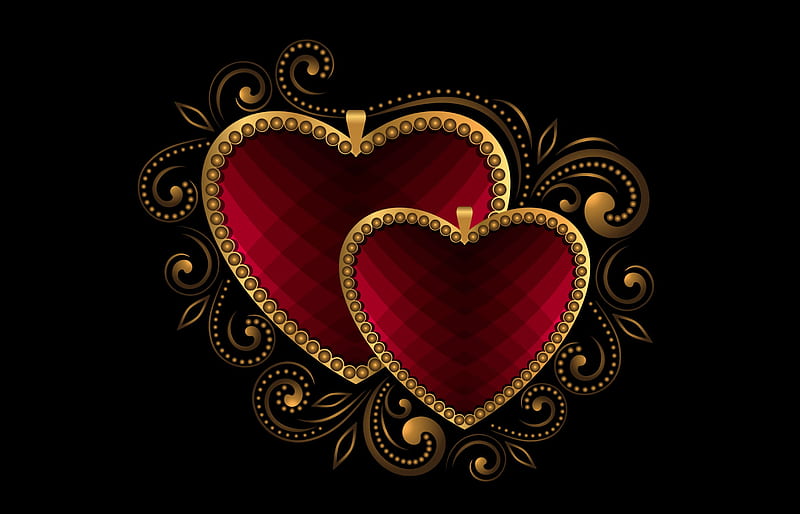 Luxury Hearts, red, metal, gold, love, corazones, luxury, HD wallpaper