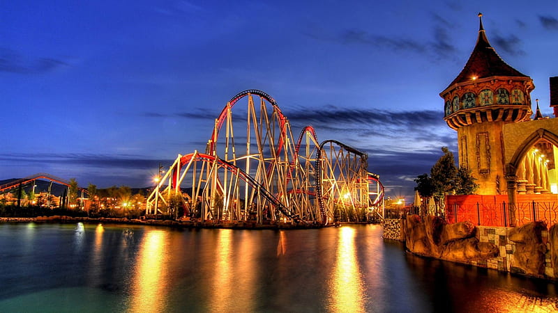 evening on a wonderful roller coaster r, amusement park, roller coaster, r, evening, lake, lights, HD wallpaper