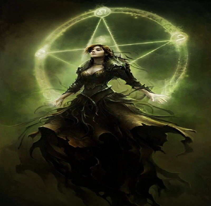 Witch And Pentagram, witch, fantasy, Pentagram, green, HD wallpaper
