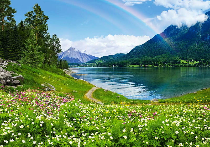 Rainbow over lake, meadow, wildflowers, lake, mountain, bonito, rainbow, HD wallpaper