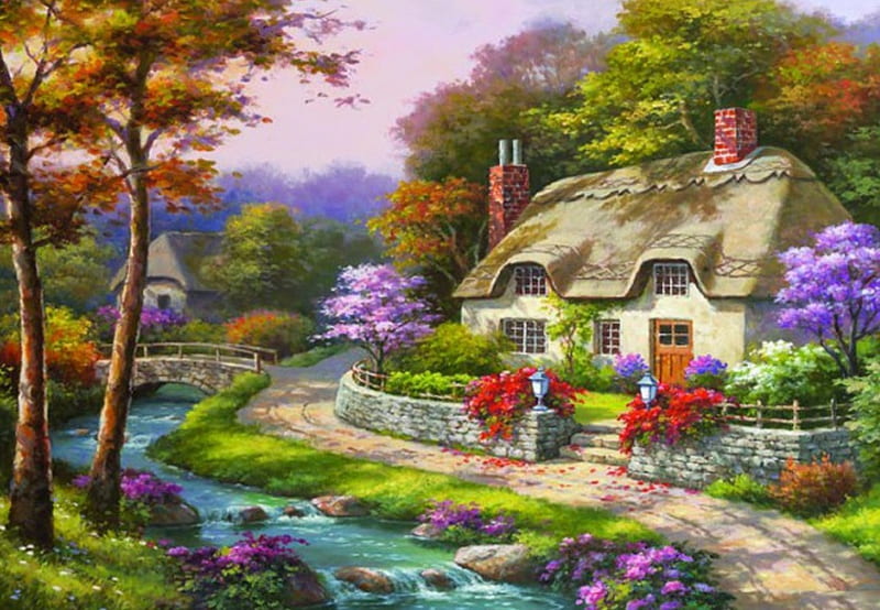 Spring Cottage, flower, garden, Spring, season, Cottage, HD wallpaper