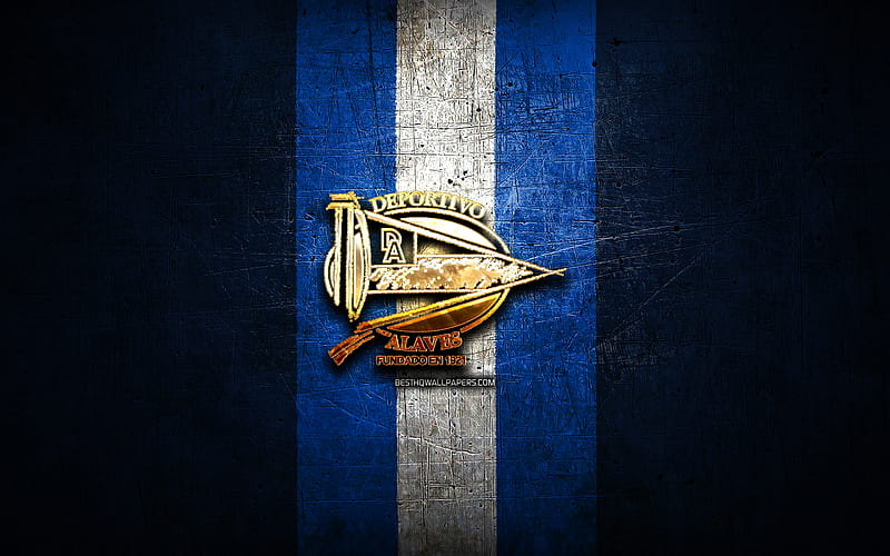 Deportivo Alaves, golden logo, La Liga, blue metal background, football, Deportivo Alaves FC, spanish football club, Deportivo Alaves logo, soccer, LaLiga, Spain, HD wallpaper