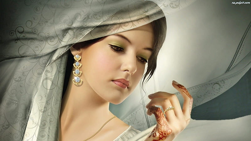 Woman In White, tattoos, fantasy, jewlery, white, woman, HD wallpaper