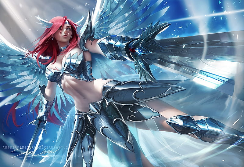 Heaven's Wheel, pretty, divine, cg, redhead, erza, bonito, elegant, sweet, nice, blade, anime, hot, beauty, anime girl, weapon, realistic, long hair, sword, gorgeous, female, wings, lovely, red hair, sexy, armor, fairy tail, 3d, girl, HD wallpaper
