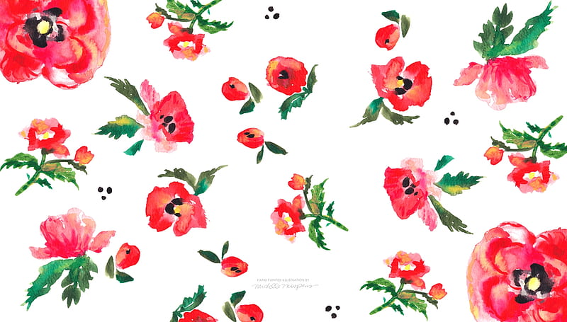 Poppies, pattern, red, poppy, green, texture, flower, paper, white, watercolor, HD wallpaper