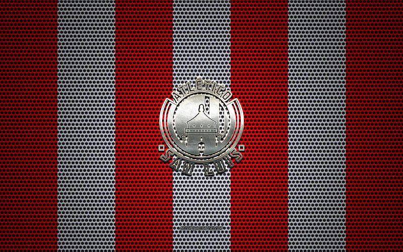 Atletico San Luis logo, Mexican football club, metal emblem, red white metal mesh background, Atletico San Luis, Liga MX, San Luis Potosi, Mexico, football, HD wallpaper
