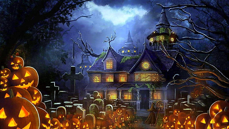 Graveyard Pumpkins, pumpkins, lights, witch, holiday, halloween, houses, love four seasons, horror, paintings, spooky, halloween pumpkins, scary, HD wallpaper