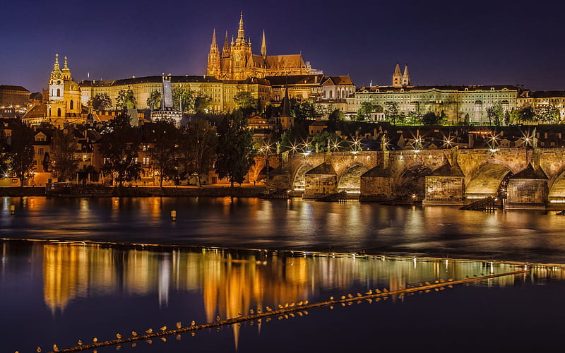 prague, night, cityscape charles bridge, vltava river, czech republic, HD wallpaper