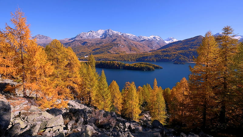Lake Sils, Engadin, Switzerland, landscape, autumn, alps, mountains, rocks, HD wallpaper