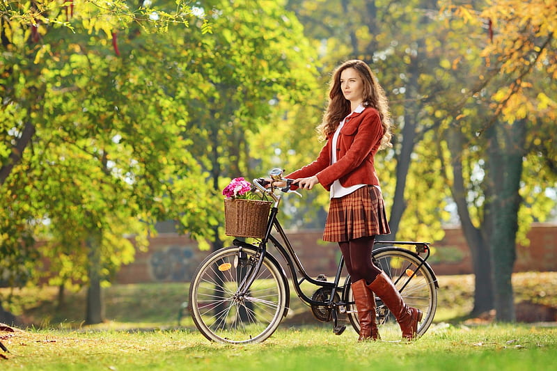 Country Woman and Her Bicycle, Skirt, Redhead, Bicycle, Leaves, Cute, Rust, Trees, Park, Woman, Country, Flowers, Autumn, Boots, Plaid Skirt, Sweater, Pretty, Basket, Fun, HD wallpaper