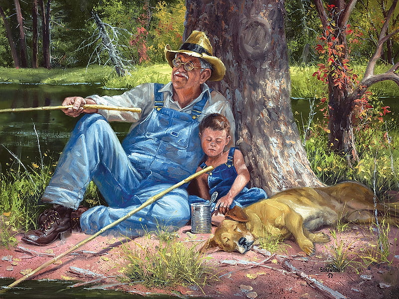 Not bitin', boy, man, river, trees, artwork, grandpa, dog, fishing