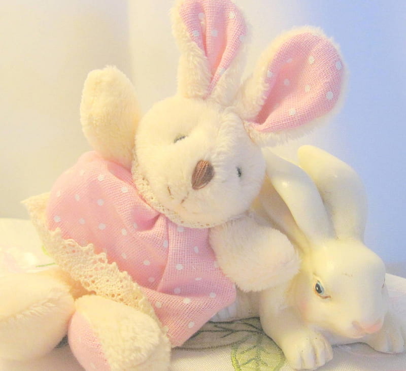 Easter and Childhood, lovely, easter, sweet, plush toy, polka dots, love, bright, siempre, bunny, white, pink, childhood, HD wallpaper