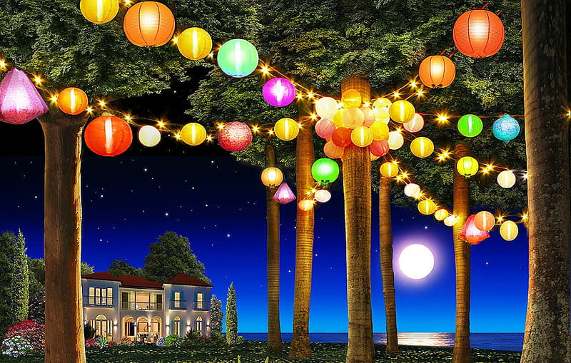 Lights, moon, adrian chesterman, garden, summer, lake, sea, water, moon, vara, HD wallpaper