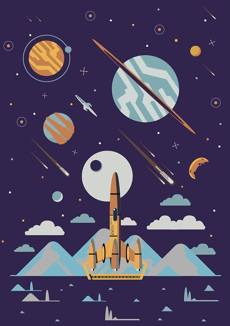 space, rockets, planets, stars, art, vector, HD phone wallpaper