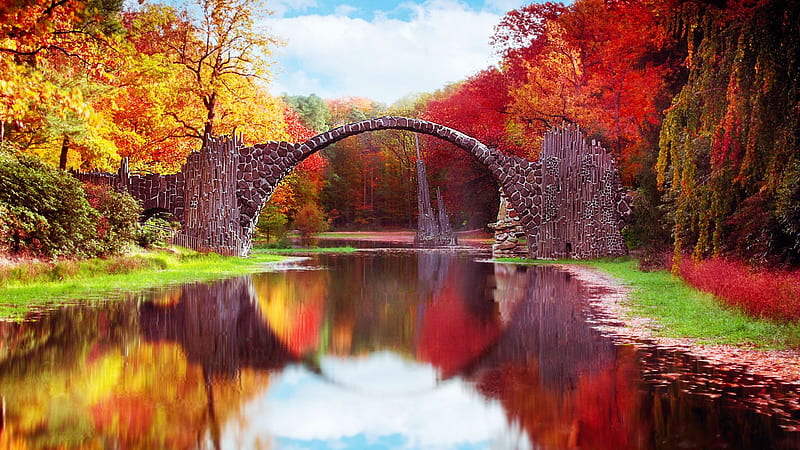 Devil's bridge, Saxony, Germany, reflections, clouds, autumn, trees, colors, sky, water, HD wallpaper