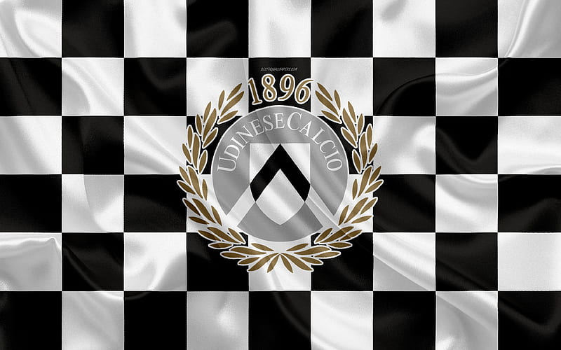 Udinese Calcio logo, creative art, brownish white checkered flag, Italian football club, emblem, silk texture, Udine, Italy, HD wallpaper