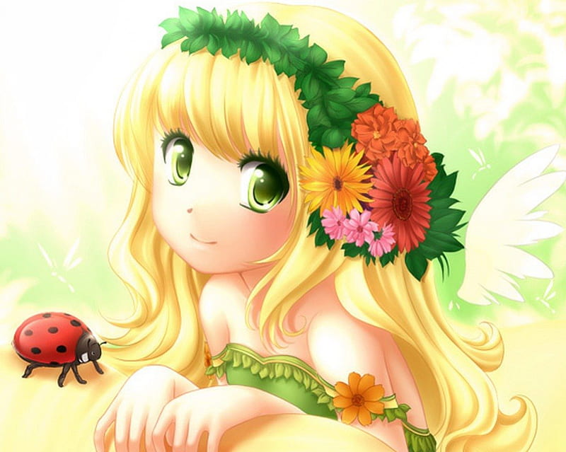 Baby Spring, pretty, blond, green eyes, yellow, adore, adorable, wing, floral, sweet, yellow hair, anime, anime girl, long hair, fairy, female, wings, lovely, blonde, blonde hair, blond hair, cute, kawaii, ladybug, flower, HD wallpaper
