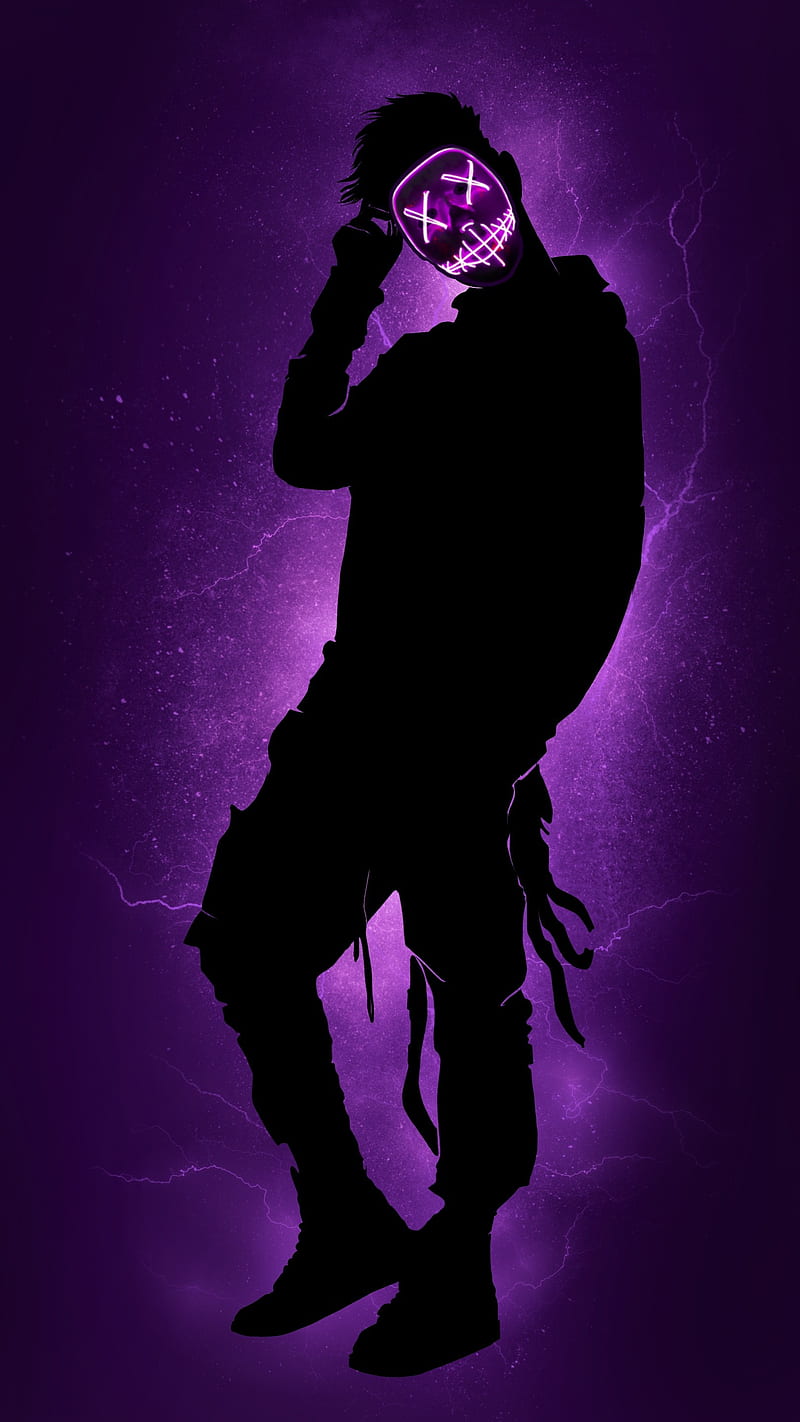 masked silhouette anonymous, face, guy, lightning, lights, man, mask, purple, HD phone wallpaper