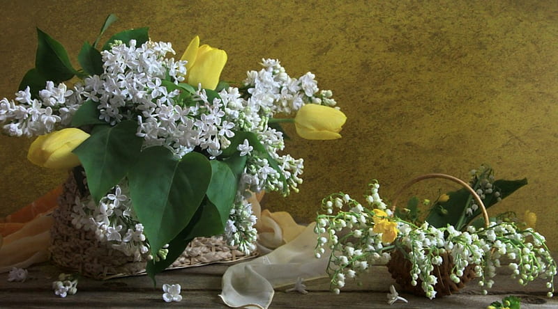 Flower Arrangements, flowers, baskets, tulips, bouquet, HD wallpaper