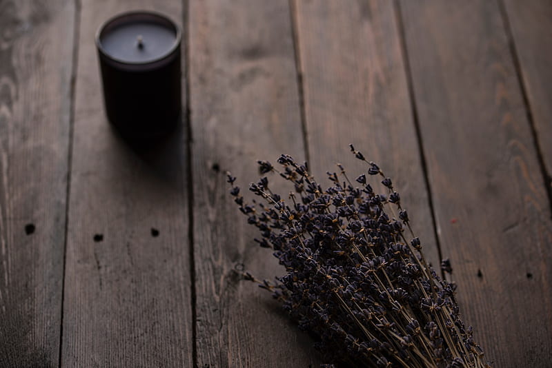 Still life, Dark colors, Table, Wood, Dry lavender, Candle, HD wallpaper