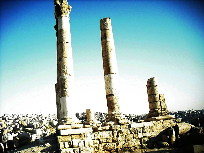standing tall, roman, jordan, ruins, history, amman, HD wallpaper
