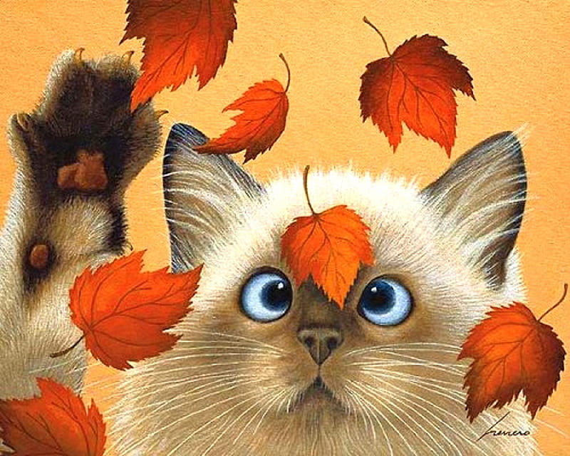 Kitty of Fall, kitty, colors, nature, cats, animals, autumn, fall season, love four seasons, leaves, paintings, HD wallpaper