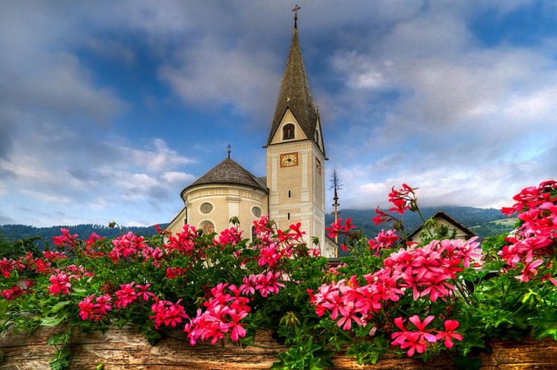 Beauty Spring, architecture, hills, Austria, lovely, bonito, spring, church, sky, clouds, urban landscape, flowers, HD wallpaper