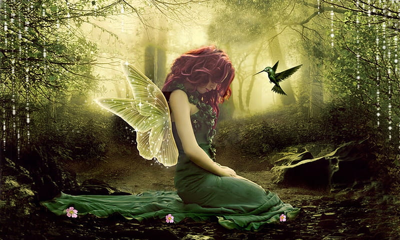 Forest Fairy, Fairy, forest, dreamy, fantasy, green, Enchanting, hummingbird, Wings, HD wallpaper