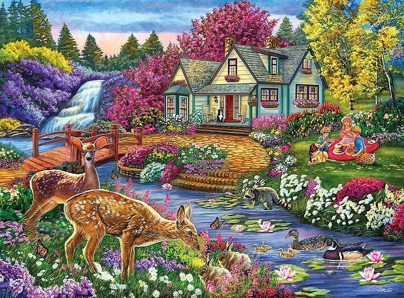 Forest Feast, cake, cottage, ducks, children, butterflies, raccoon, artwork, deer, painting, garden, flowers, waterfall, rabbits, river, dog, HD wallpaper