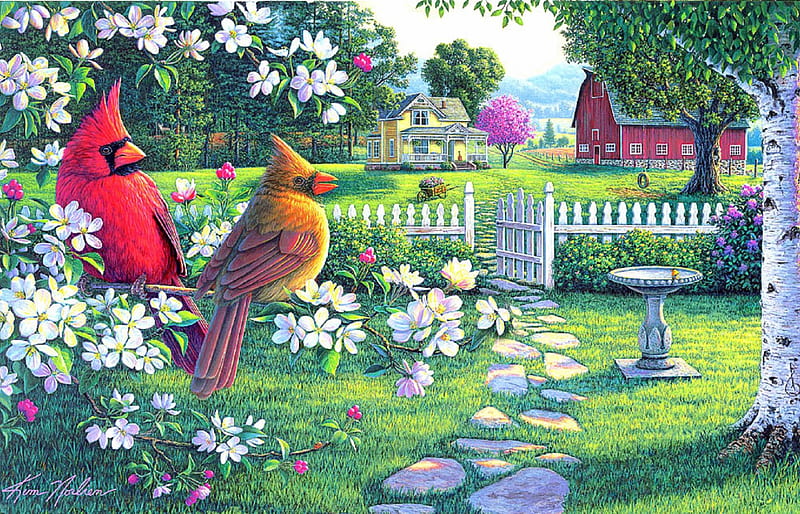 ★Heartland Serenade★, architecture, fence, gardening, digital art, seasons, farm, cardinals, paintings, flowers, lovely flowers, drawings, animals, love four seasons, birds, creative pre-made, summer, nature, branches, HD wallpaper