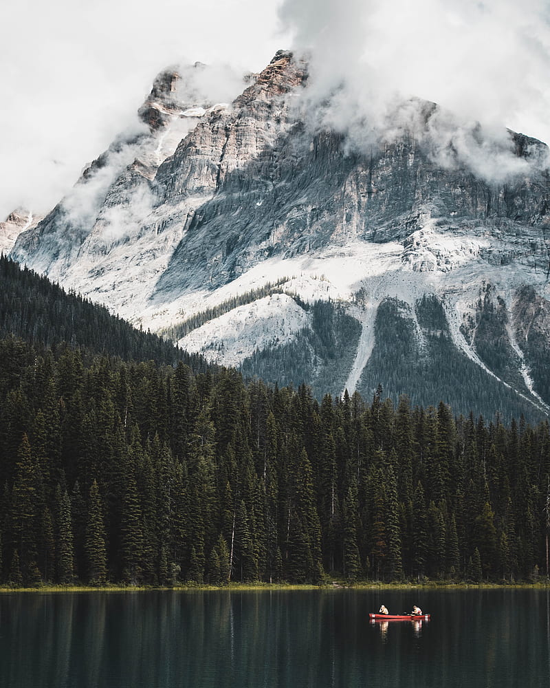 lake, boat, forest, mountains, landscape, HD phone wallpaper
