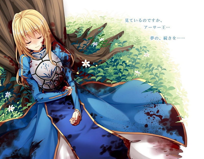 Fate Stay Night, dress, wounded, blonde, sleeping, blood, armor, tree, anime, Saber, long hair, HD wallpaper