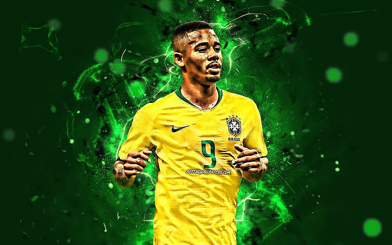 Gabriel Jesus, close-up, Brazil National Team, green background, football, forward, soccer, Gabriel Fernando de Jesus, striker, neon lights, Brazilian football team, HD wallpaper