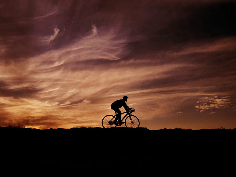 Lonely Cyclist, cycles, dark, golden hour, sillhouette, sunset, HD wallpaper