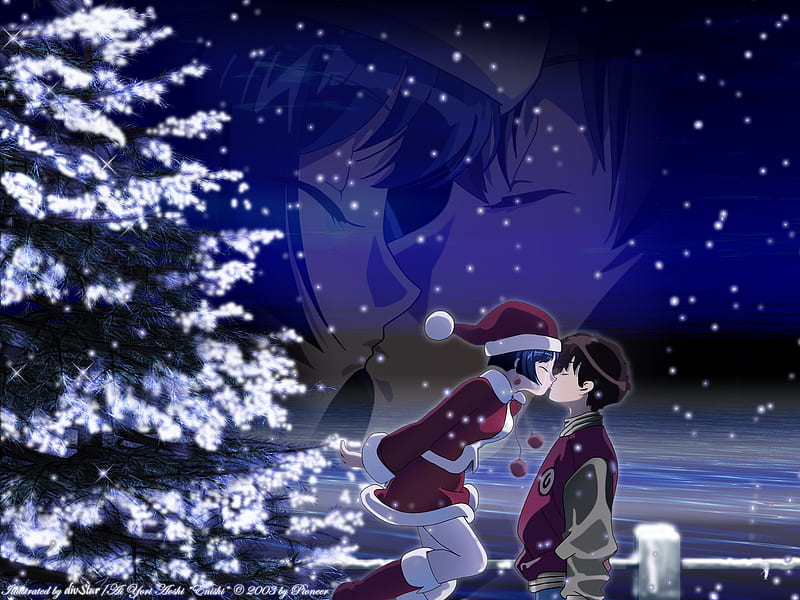Merry Christmas, tree, romantic, pine, snow, kissing, simulation, dating, winter, HD wallpaper