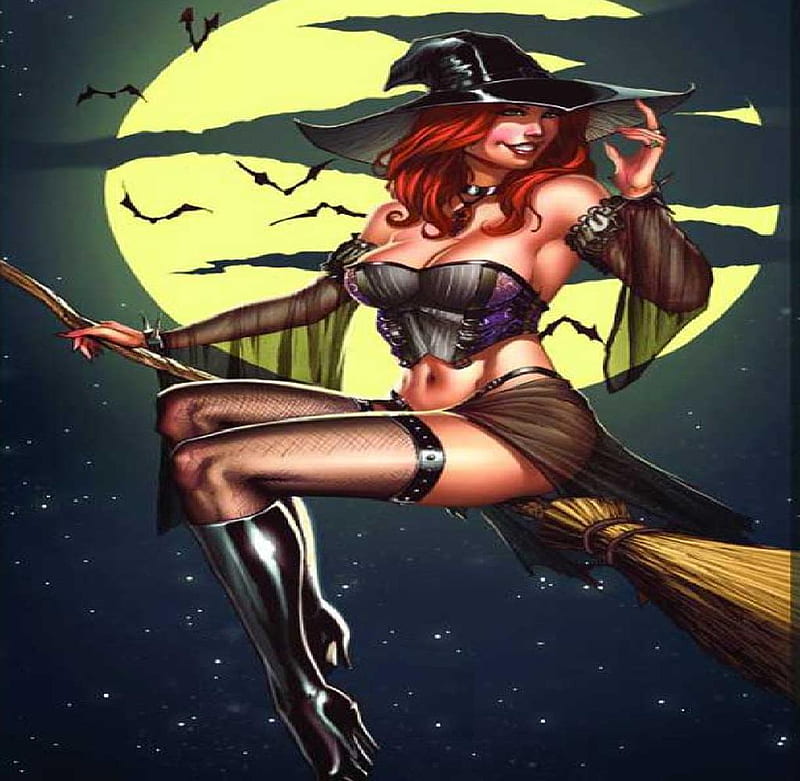 Hot Witch, witch, stars, moon, bats, broom, night, HD wallpaper