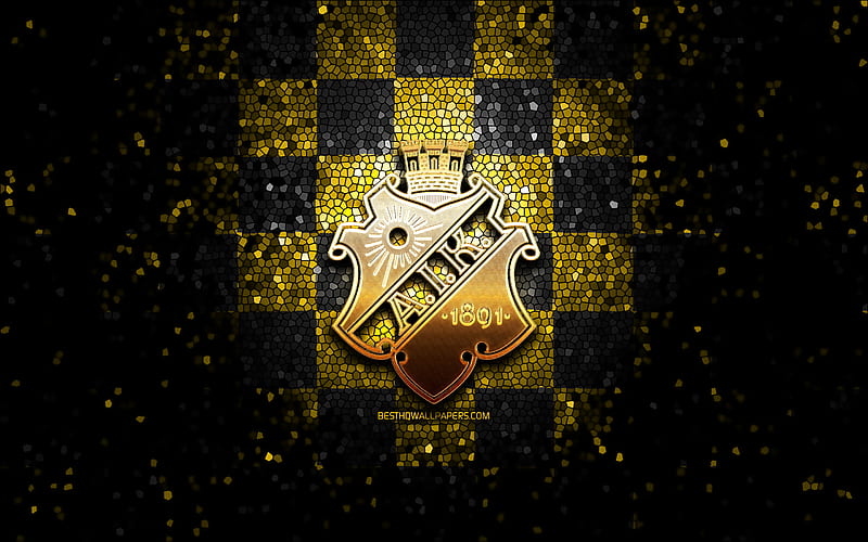 AIK FC, glitter logo, Allsvenskan, yellow black checkered background, soccer, swedish football club, AIK logo, mosaic art, football, AIK, HD wallpaper