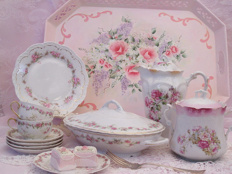pink print, cake, table, gravy, saucer, platter, plate, fork, HD wallpaper