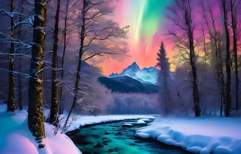 Aurora Borealis, havas hegyek, erdo, folyo, fak, hegyek, evad, havas fak, eszaki feny, szines, havas utak, HD wallpaper