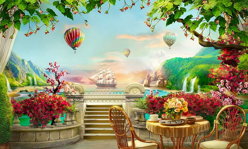 Rest in paradise, sailing, bonito, sea, mountain, fantasy, waterfall, flowers, rest, lovely, view, place, sky, lake, paradise, ship, balloons, summer, HD wallpaper