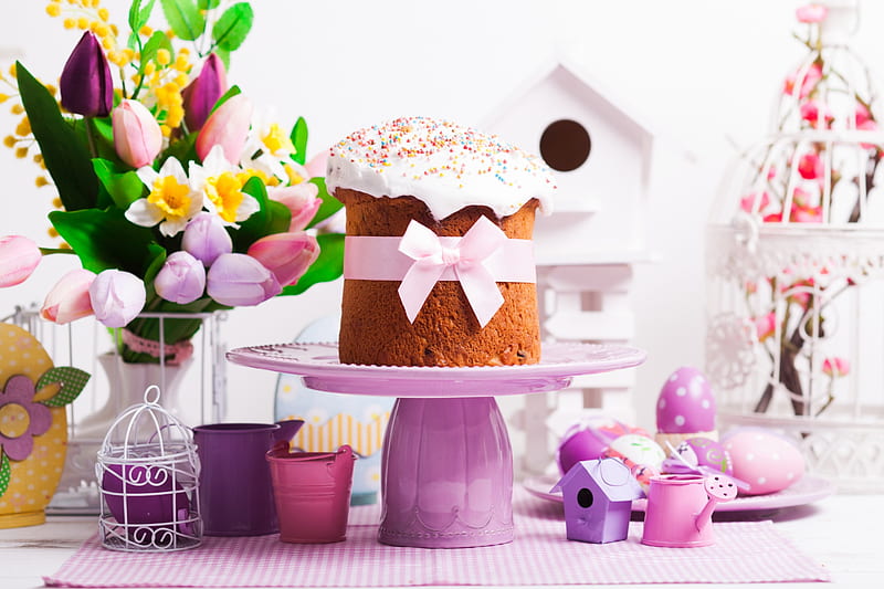 Easter, cake, eggs, spring, tulips, HD wallpaper