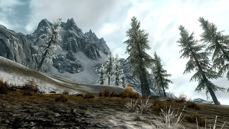 Skyrim Impression II - Uphills, Screenshot, Video Game, Console Game, Outside, Winter, Trees, Skyrim, Elder Scrolls, The Elder Scrolls, Uphills, The Elder Scrolls V, Mountain, Console, Hills, Fantasy, Fantasy Game, Game, Computer Game, Snow, Tamriel, Tree, Hill, HD wallpaper