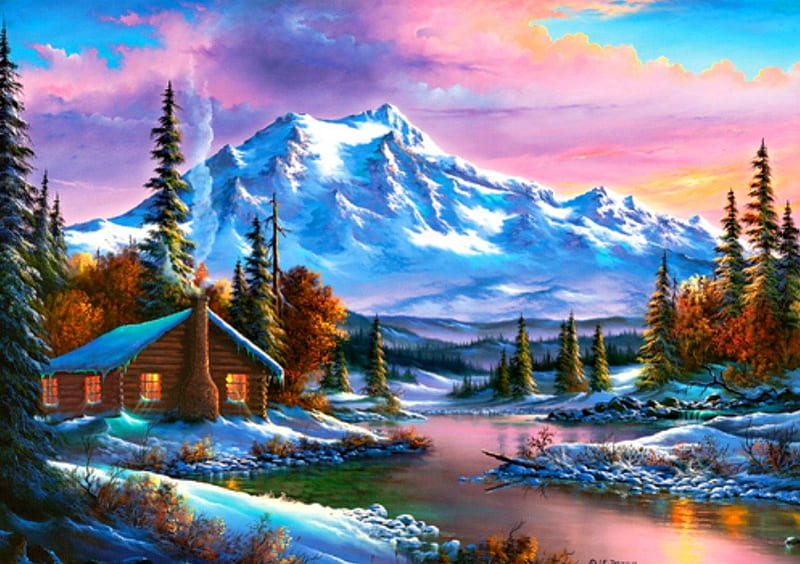 Country Christmas, house, shore, cottage, cabin, bonito, lights, cold, countryside, mountain, nice, painting, river, frost, art, lovely, holiday, christmas, sky, trees, winter, snow, ice, nature, frozen, wooden, landscape, HD wallpaper