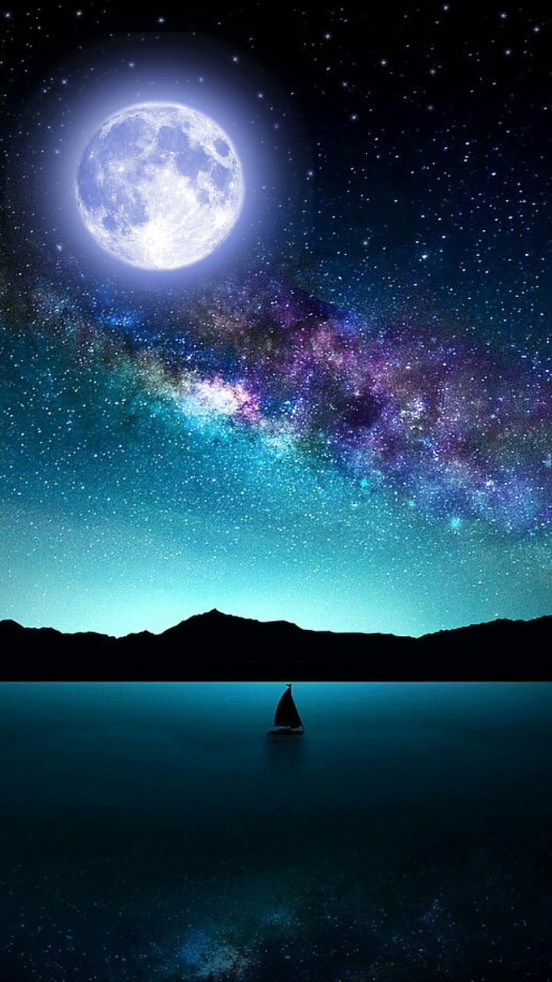 Space, barca, blue, boat, moon, night, sky, star, stars, themes, HD phone wallpaper