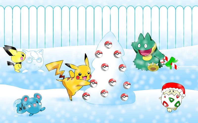 Pokemon Playing In The Snow, fence, christmas, munchlax, pokemon, togepi, pichu, pikachu, pokeballs, snow, anime, white, HD wallpaper