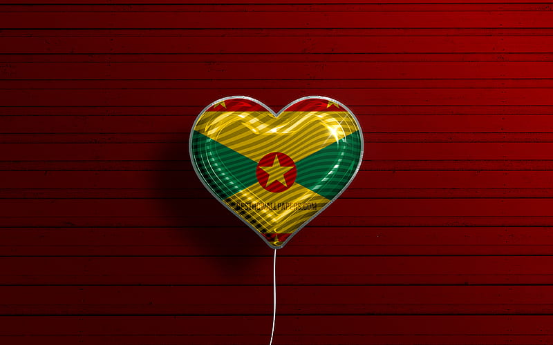 I Love Grenada realistic balloons, red wooden background, Grenadian flag heart, favorite countries, flag of Grenada, balloon with flag, Grenadian flag, North America, Love Grenada, HD wallpaper