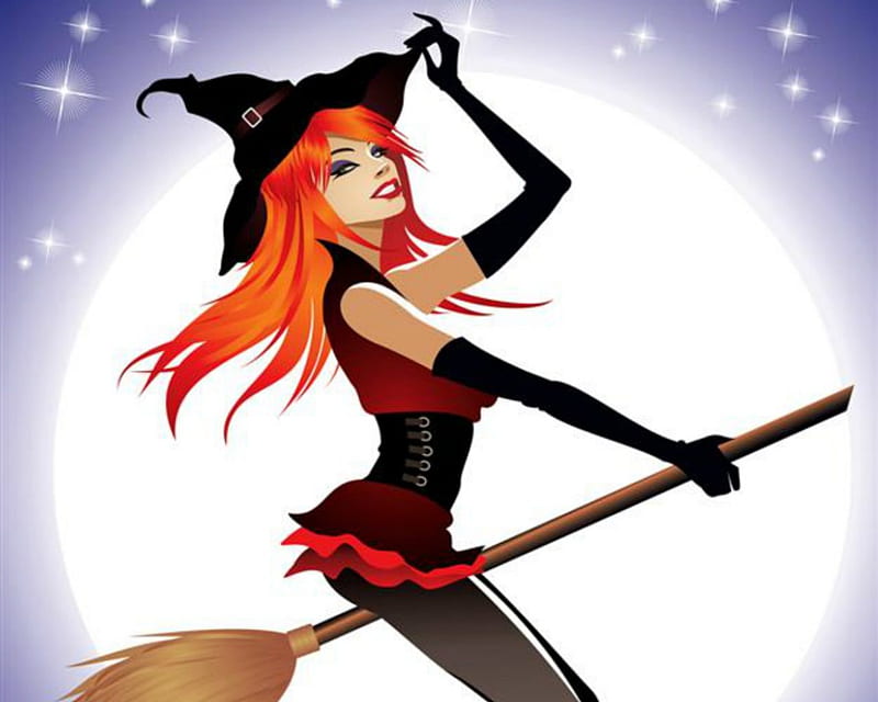 Sexy Witch, witch, Halloween, moon, broom, HD wallpaper