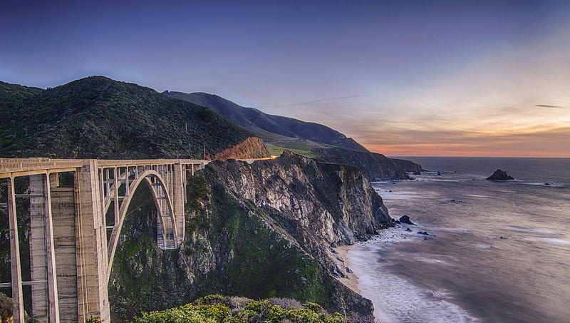 bixby bridge in notleys landing california, hills, highway, bridge, cliff, coast, sea, HD wallpaper
