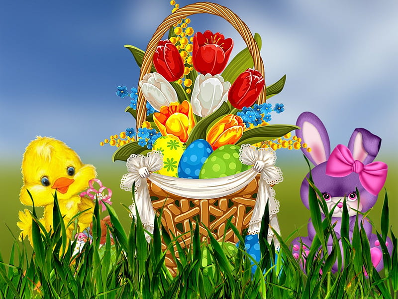 Easter mood, colorful, grass, easter, sweet, flowers, tulips, chickens, rabbit, holiday, greenery, sky, mood, freshness, cute, bouquet, basket, eggs, hop, bunny, meadow, field, HD wallpaper