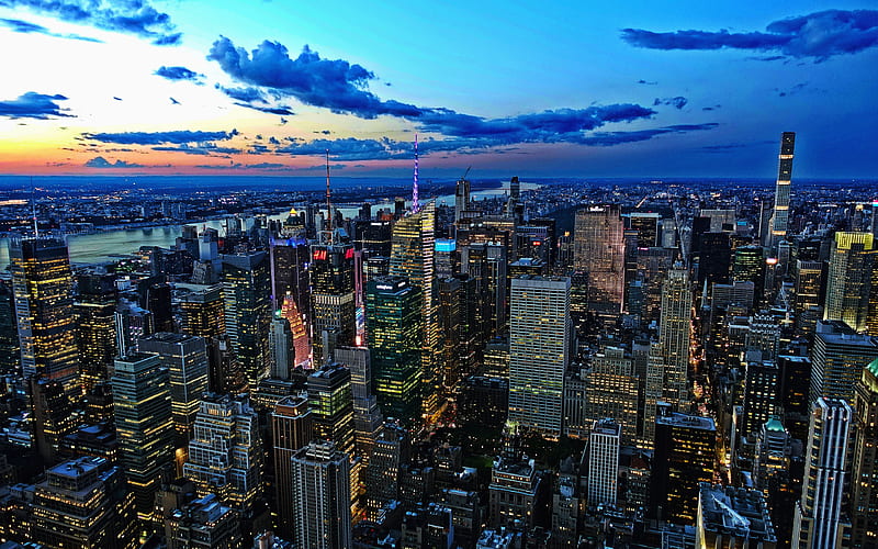 Manhattan, sunset, R, New York, skyscrapers dusk, modern buildings, NY, USA, America, HD wallpaper